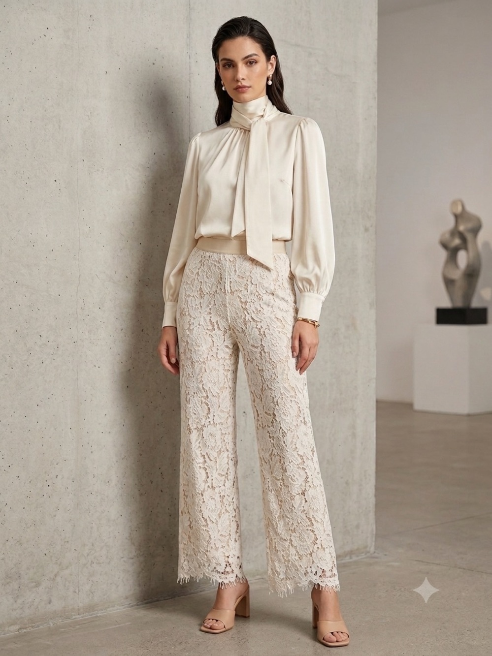 DO+BE Cream Lace Wide-Leg Trousers